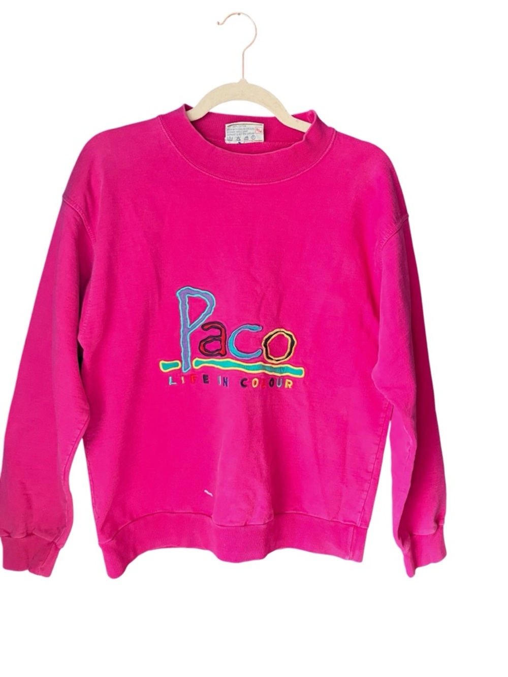 Vintage Paco Life S/M In Colour Sweatshirt Pink Crewneck Embroidered 90s Retro
